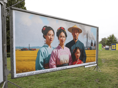Satirical billboard of an East Asian family in traditional dress in front of a wheat field and smoking factory chimneys.
